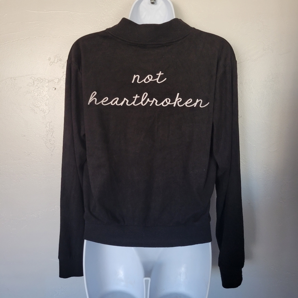 Forever 21 Black Faux Suede Black Jacket Full Zip Not Heartbroken Embroidery Lg